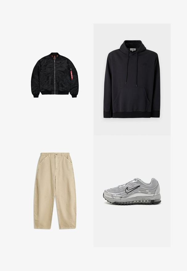 Fekete bomber dzseki fényes nylonból. Elöl cipzáros, bordás mandzsetta- és alsó résszel. Két oldalsó zsebe és egy hajtású zsebe van piros részletekkel.; Fekete kapucnis felső, puha anyagból készült, húzózsinóros kapucnival, elülső kenguruzsebbekkel, valamint bordázott mandzsettákkal és aljjal. Texturált logó részlet a mellkason.; Magas derekú, bézs színű, bő szárú pamutnadrág, elülső zsebekkel és elülső gombos záródással. Sima textúra, tiszta varrásokkal.; Szürke Nike Air Max sportcipők, hálós és szintetikus felsőrész, hullám alakú dizájn, fekete kiegészítők és látható légpárnás talp.