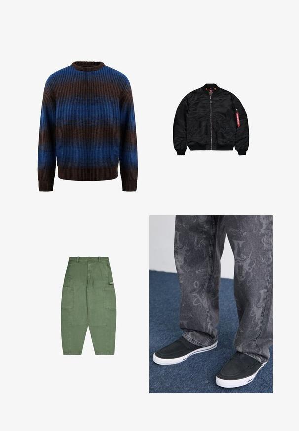 Jachetă bomber neagră, confecționată din nylon lucios. Dispune de un fermoar frontal, manșete și tiv din tricot. Include două buzunare laterale și un buzunar pe mânecă cu accente roșii.; Pulover tricotat în nuanțe de brun și albastru, cu o textură ribbată, având dungi orizontale și un gât la baza gâtului. Mâneci lungi cu manșete ribbate.; Pantaloni cargo verzi din bumbac, cu multiple buzunare mari, croială lejeră și închidere cu nasture la talie. Textură moale și finisaj mate.; Pantofi slip-on negri cu talpă albă, texturați, asociați cu blugi gri ce prezintă un model subtil, pe un fundal de covor albastru.