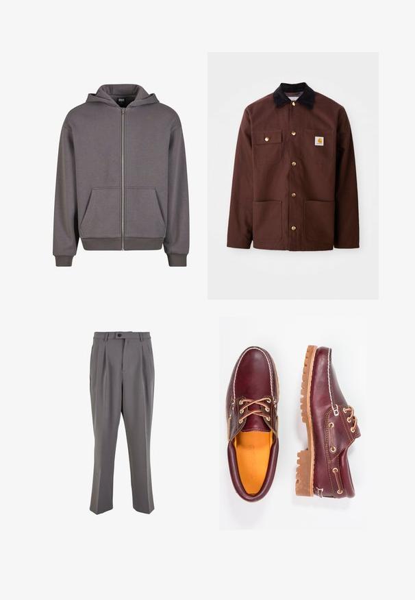 Hnedá bavlnená bunda s čiernym jemným kordom na golieri, zlatými gombíkmi, dvoma náprsními vreckami a štvorcovou nášivkou na ľavom vrecku.; Sivá mikina na zips s kengurím vreckom, rebrovanými manžetami a lemom. Vyrobená z jemnej látky s hladkou textúrou. Má kapucňu so šnúrkou.; Tričko bez rukávov v bielej, čiernej a sivej farbe. Každé má zaoblený výstrih a je vyrobené z jemnej zmesi bavlny.; Šedé skladané nohavice vyrobené z hladkej látky, s rovnými nohavicami, jedným gombíkom na zapínanie a pútkami na opasok. Minimalistický dizajn.; Bordové kožené topánky s hnedými gumovými podrážkami, okrúhlou špičkou, bielym prešívaním a zlatými kovaniami. Interiér má žlté podšívku.