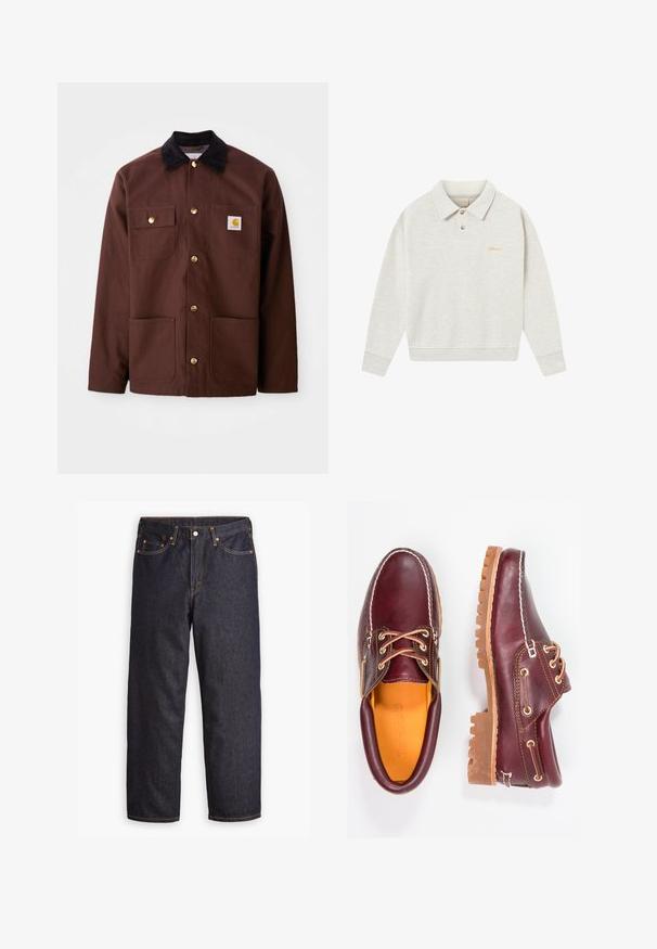 Ruda medvilninė striukė su juodu kordūrojo apykakle, auksiniais mygtukais, dviem krūtinės kišenėmis ir kvadratiniu logotipo pleistru kairėje kišenėje.; Šviesiai pilkas polo megztinis, pagamintas iš švelnios medžiagos, su sagų apykakle, gumuotomis rankovėmis ir auksiniu siuvinėjimu prie krūtinės.; Levi's® 578® BAGGY - Platūs džinsai - good as new rinse; Burgundi odiniai bateliai su rudais guminiais padais, apvaliu pirštu, balta siūle ir auksiniais inkarais. Interjere yra geltonas pamušalas.