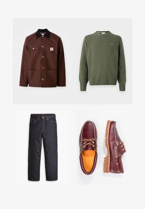 Brown cotton jacket with a black corduroy collar, gold buttons, two chest pockets, and a square logo patch on the left pocket.; Olive green knit sweater featuring a round neckline, ribbed cuffs, and hem, with a small embroidered logo on the left chest.; Levi's® 578® BAGGY - Baggy Jeans - good as new rinse; Burgundy leather shoes with brown rubber soles, round toe, white stitching, and gold eyelets. Interior features a yellow lining.