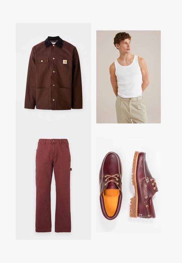 Smeđa pamučna jakna s crnim kordon ovratnikom, zlatnim dugmadi, dvije džepove na prsima i kvadratnom logotip zakrpi na lijevom džepu.; Bijela pamučna majica bez rukava s okruglim izrezom i širokim naramenicama, uparen s svijetlosmeškim hlačama koje imaju dugme i plise.; Muške ravne radne hlače u tamnocrvenoj boji s prednjim džepovima, petljama za remen, dugmetom, zatvaranjem na patentni zatvarač i bočnom petljom za alat.; Burgundske kožne cipele s smešnim gumenim potplatima, okruglim vrhom, bijelim šavovima i zlatnim rupama za vezivanje. Unutrašnjost ima žutu podstavu.