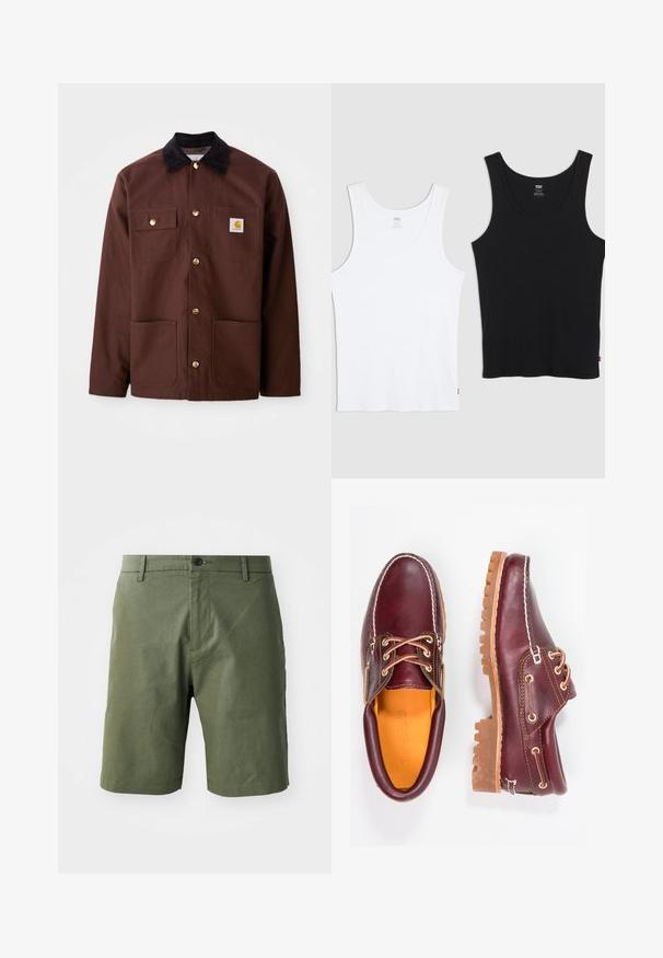 Braune Baumwolljacke mit einem schwarzen Cordkragen, goldenen Knöpfen, zwei Brusttaschen und einem quadratischen Logopatch auf der linken Tasche.; Zwei Baumwoll-Tanktops, eines weiß und eines schwarz, jeweils mit gerippter Textur, Rundhalsausschnitt und einem kleinen roten Logo am Saum.; Olivgrüne Shorts aus leichtem Stoff, mit flachem Front, Gürtelschlaufen und einem einzelnen Knopfverschluss an der Taille.; Bordeauxfarbene Lederschuhe mit braunen Gummisohlen, runder Zehenform, weißen Nähten und goldenen Ösen. Das Innenfutter weist eine gelbe Beschichtung auf.