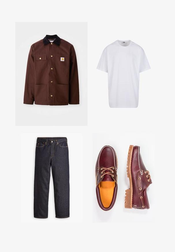 Barna pamutdzseki fekete kordbársony gallérral, arany gombokkal, két mellzsebbel és egy négyzet alakú logóval a bal zseben.; Fehér pamut póló rövid ujjal, kerek nyakú, laza szabású, és nincsenek látható logók vagy minták. Simább textúra és minimalista dizájn.; Levi's® 578 BAGGY - Túlméretezett farmernadrág - good as new rinse; Bordó bőr cipő barna gumitalppal, kerek orral, fehér varrással és arany fűzőlyukakkal. A belső tér sárga béléssel rendelkezik.