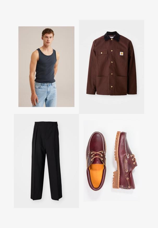 Rjava bombažna jakna z črnim žametnim ovratnikom, zlatimi gumbi, dvema žepoma na prsih in kvadratno oznako na levem žepu.; Mlad moški s kratkimi kodrastimi lasmi, oblečen v mornarsko modro brezrokavnik in svetle modre kavbojke, na enolični bež ozadju.; Črne nabirane hlače s ravnim, širokim krojem. Narejene so iz gladkega materiala in imajo zadrgo ter pasne zanke.; Burgundske usnjene čevlje z rjavimi gumijastimi podplati, okrogla kapica, beli šivi in zlate luknje za vezalke. Notranjost je obložena s rumeno podlogo.