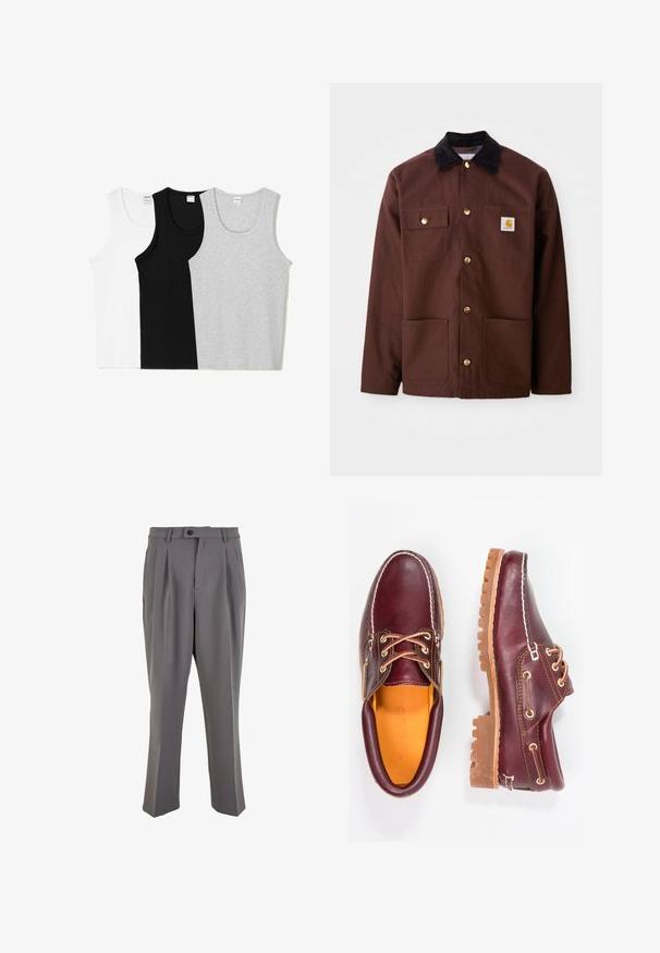 Jachetă din bumbac maro cu guler din catifea neagră, butoane aurii, două buzunare pe piept și un patch pătrat cu logo pe buzunarul stâng.; Trei maieuri în alb, negru și gri. Fiecare are un decolteu rotund și un design fără mâneci, fiind realizate dintr-un amestec moale de bumbac.; Pantaloni plisati gri dintr-un material neted, cu croi drept, închidere cu un singur nasture și bucle pentru curea. Design minimalist.; Pantofi din piele burgundă cu talpă din cauciuc brun, vârf rotund, cusături albe și gauri aurii pentru șireturi. Interiorul are un căptușeală galbenă.