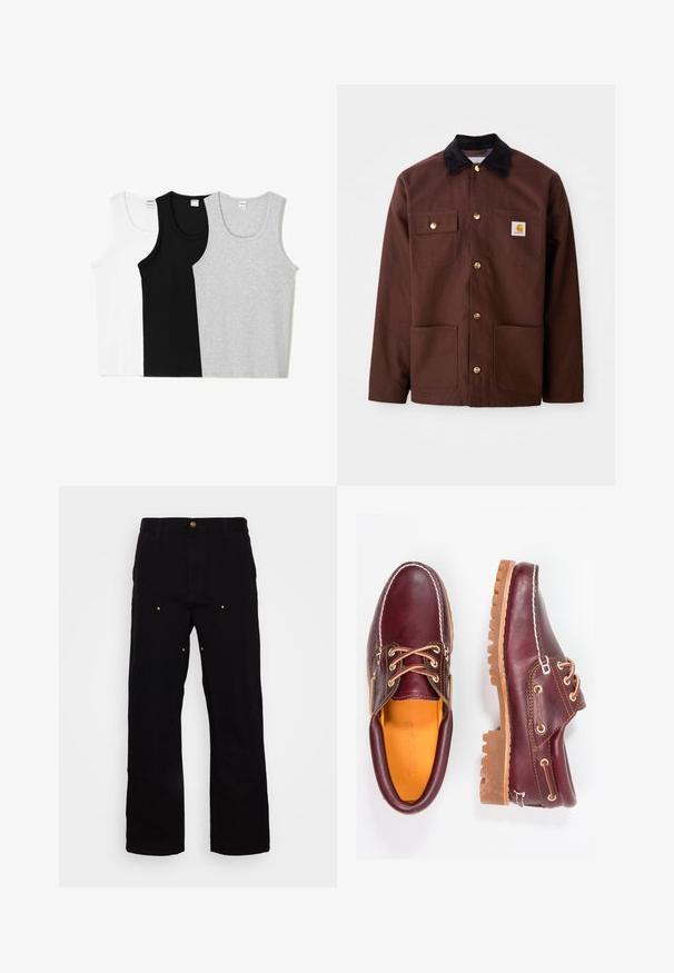 Hnedá bavlnená bunda s čiernym jemným kordom na golieri, zlatými gombíkmi, dvoma náprsními vreckami a štvorcovou nášivkou na ľavom vrecku.; Tričko bez rukávov v bielej, čiernej a sivej farbe. Každé má zaoblený výstrih a je vyrobené z jemnej zmesi bavlny.; Čierne džínsy s rovnými nohavicami, s prvkami zlatého kovania a viditeľným prešívaním na predných a zadných vreckách.; Bordové kožené topánky s hnedými gumovými podrážkami, okrúhlou špičkou, bielym prešívaním a zlatými kovaniami. Interiér má žlté podšívku.