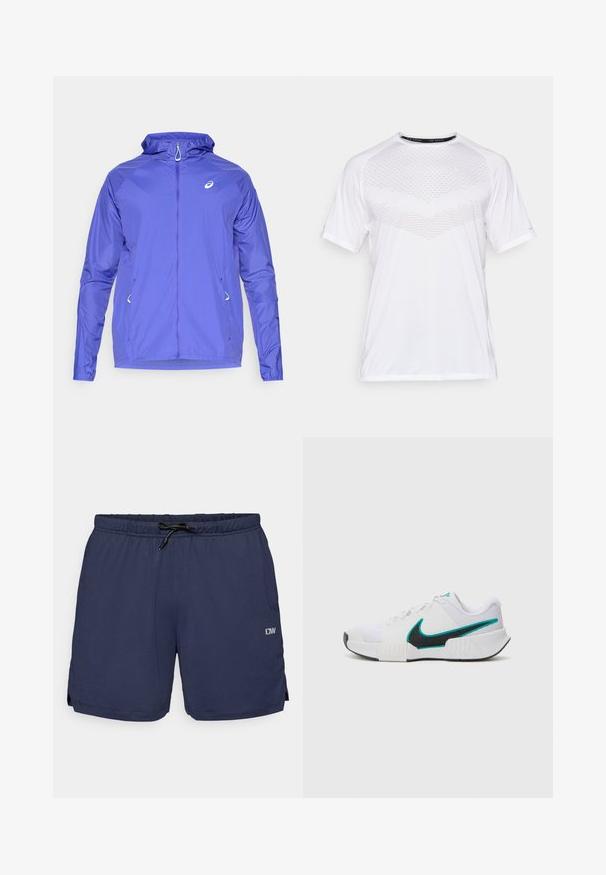 Leichte lila Jacke mit Reißverschluss, Kapuze und reflektierendem Logo. Mit elastischen Bündchen und Seitentaschen. Glatte, wasserabweisende Textur.; Weißes kurzärmeliges Sportshirt mit einem strukturierten geometrischen Muster auf der Vorderseite, aus leichtem Stoff, rundem Halsausschnitt und lässiger Passform.; Marineblaue Badeshorts mit strukturiertem Muster, elastischem Bund und verstellbarem Kordelzug. Mit Seitenschlitzen für Beweglichkeit und einem Logo-Detail.; Weißer Sportschuh mit strukturiertem Mesh-Obermaterial, schwarzer Gummisohle und türkisfarbenem Nike-Swoosh-Akzent. Verfügt über Schnürsenkel und gepolsterten Kragen.