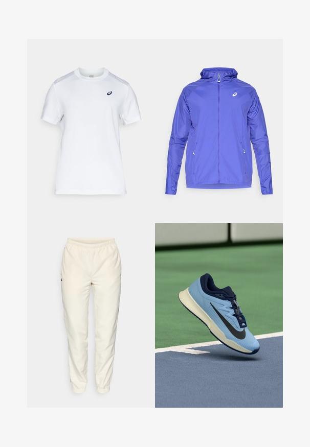 Könnyű, lila dzseki, cipzárral elöl, kapucnival és fényvisszaverő logóval. Rugalmas mandzsettái és oldalzsebei vannak. Sima, vízálló textúrával.; Fehér sportpóló, könnyű és légáteresztő anyagból készült. Rövid ujjú, kerek nyakkivágással és egy kis sötétkék logóval a mellkasán.; Tejfehér sportnadrág, rugalmas derékkal, szűkülő lábakkal és egy kis sötétzöld logóval a bal oldalon. Sima, könnyű anyag.; Világoskék sportcipő sötétkék részletekkel, texturált hálós felsőrésszel és fekete Swoosh logóval. Párnázott középtalppal és gumitalppal rendelkezik.
