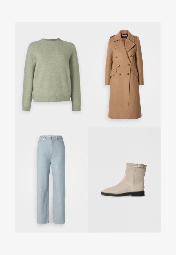 Palton lung, cu dublă deschidere, dintr-un amestec de lână de nuanță maro deschis, cu butoni aurii, rever înclinat și buzunare laterale. Textură netedă.; DRYKORN PEMIRI - Pulover - green; Jeans drepti de culoare bleu deschis, din denim. Prezintă cinci buzunare, un închizător metalic și o ușoară decolorare pentru textură.; Botină din piele bej, până la gleznă, cu vârf ascuțit, talpă neagră, toc mic și curea cu cataramă aurie pe partea exterioară, prezentată pe un fundal alb.