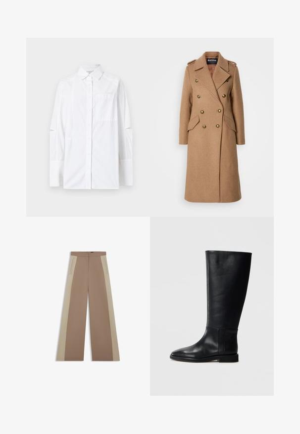Cappotto lungo doppiopetto in misto lana color marrone chiaro, con bottoni dorati, revers a punta e tasche laterali. Texture liscia.; Camicia bianca con bottoni, dotata di maniche lunghe con dettagli intagliati, taschino sul petto e colletto strutturato. Realizzata in un tessuto leggero.; Pantaloni larghi marroni con pannelli laterali beige, caratterizzati da una parte frontale piatta, tasche nascoste e una texture liscia. Design su misura e linee pulite.; Stivale in pelle nera al ginocchio con punta arrotondata, texture liscia, design minimalista e suola piatta. Dettagli di cucitura semplici sulla gamba.