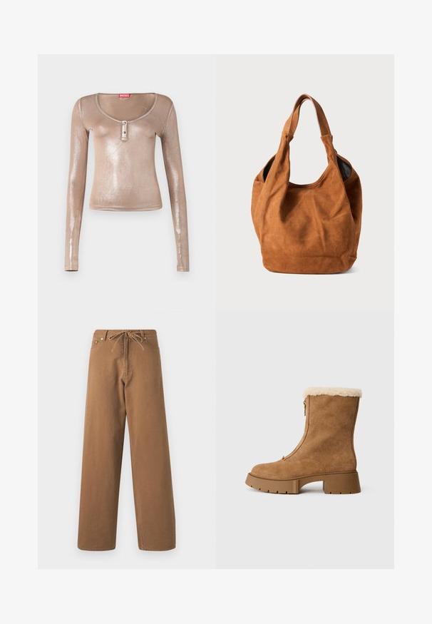 Hosszú, világosbarna gyapjú keverék anyagból készült dupla gombos kabát, aranyszínű gombokkal, kivágott gallérral és oldalsó zsebekkel. Sima textúra.; Hosszú ujjú, testhezálló felső fémes bézs szövetből, lekerekített nyakkivágással és három gombos gombolóval, két fekete gombbal.; Barna, bő szárú nadrág, pamutból készült, combrészes derékkal és két elülső zsebbel. Texturált anyag, sima felülettel.; Barna velúr bokacsizma bolyhos krém béleléssel, oldalsó cipzárral és vastag gumitalppal. Jellemzője a sima felület és a kerek orr.; Barna velúr válltáska puha textúrával, ívelt formával és két füllel. Jellemzője a minimalista dizájn, amelyen nincsenek látható fémrészletek vagy díszítések.