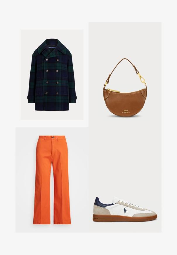 Dubultpogātas jūras virsjakas tumši zilā un zaļā rūtainā rakstā. Izgatavotas no vilnas ar izgrieztu apkakli un lielām brūnām pogām. Aprīkotas ar sānu kabatām.; Krēmkrāsas adīts džemperis ar V-veida kakla izmēru, ar tumši zilām un gaiši zilām svītrām uz apkakles un apakšējā mala.; Tumši zaļš garo piedurkņu kreklis ar apaļu kakla izgriezumu un mazu purpura izšūtu zirglogo kreisajā krūtī, attēlots uz baltā fona.; Oranži plaša stila bikses, izgatavotas no kokvilnas. Iekļauj priekšējās kabatas un pogu aizdari. Gluda tekstūra, tīras šuves un izsmalcināts dizains.; Baltas un beigts sporta apavi ar zamšiem un ādas augšdaļu, jūras zila akcenti un brūna gumijas zole. Iezīmē logotipu sānos un šņorēšanas dizains.; Brūna ādas soma ar izliekta formu un zelta aksesuāriem. Aprīkota ar augšējo rāvējslēdzēju un izspiestu logo uz priekšpuses. Iekļauta īsa ro handle.