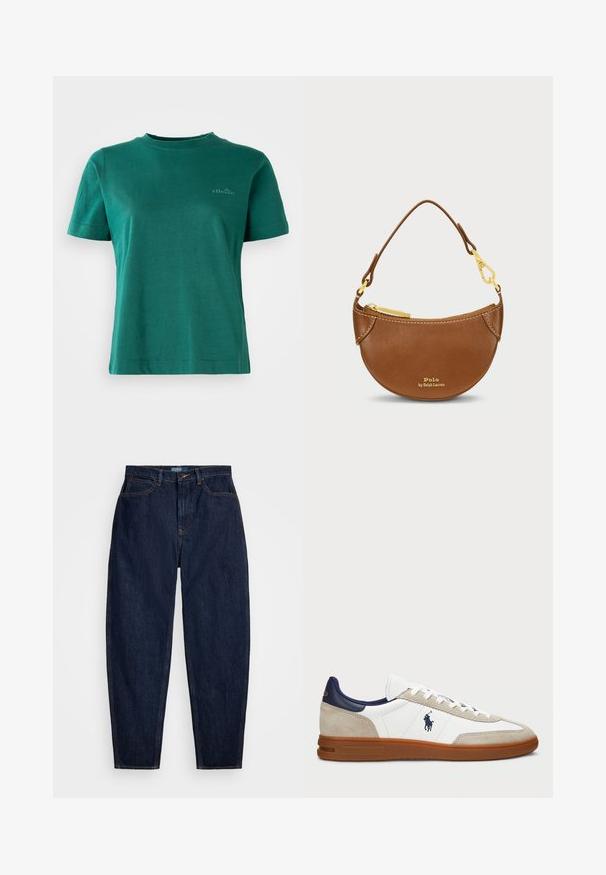 Double-breasted peacoat in dark blue and green plaid pattern. Made of wool with notched collar and large brown buttons. Features side pockets.; Cream cable-knit sweater with a V-neckline, featuring navy and light blue stripes on the collar and bottom hem.; Green short-sleeve t-shirt made of soft fabric with a round neckline and subtle logo accent on the front.; Dark blue denim jeans with a straight-leg fit, featuring orange stitching, a front button closure, and five pockets.; White and beige sneakers with a suede and leather upper, navy accents, and a brown rubber sole. Features logo on the side and lace-up design.; Brown leather bag with a curved shape and gold hardware. Features a top zipper and embossed logo on the front. Short handle included.