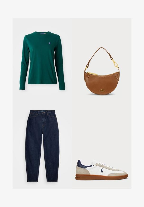 Casaco peacoat de abotoamento duplo com padrão de xadrez azul escuro e verde. Feito de lã, com gola entalhada e grandes botões castanhos. Apresenta bolsos laterais.; Suéter creme com padrão de malha trançada e decote em V, apresentando riscas azul marinho e azul claro na gola e na bainha inferior.; Camisa de manga longa de gola redonda verde escura com um pequeno logótipo de cavalo bordado em roxo no lado esquerdo do peito, exibida sobre um fundo branco.; Jeans em denim azul escuro com um corte reto, apresentando costuras laranja, fecho frontal com botão e cinco bolsos.; Sapatilhas brancas e bege com um cabedal em camurça e pele, detalhes em azul-marinho e uma sola em borracha castanha. Apresenta o logótipo na lateral e um design com atacadores.; Bolsa de pele castanha com uma forma curva e hardware dourado. Apresenta um fecho superior e logótipo em relevo na frente. Inclui uma alça curta.