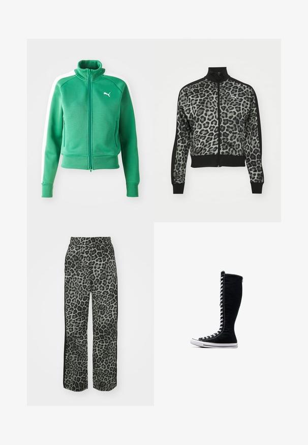 Giacca con zip in stampa leopardata con accenti neri, colletto alto e polsini a coste. Realizzata in tessuto morbido, presenta un design aderente e dettagli con logo.; Felpa verde con zip, in tessuto testurizzato, con polsini e orlo a costine, dotata di pannelli laterali bianchi e di un logo bianco sul petto.; T-shirt nera a maniche corte realizzata in morbido cotone, con scollatura rotonda e vestibilità aderente. Minimalista, senza pattern visibili.; Pantaloni in tessuto animalier leopardato nelle tonalità di grigio, con una vestibilità relax, vita elastica e dettagli neri sui lati per un tocco di contrasto.; Sneakers nere alte con un design slanciato, realizzate in tela. Presentano lacci bianchi, cuciture e una suola in gomma con punta rinforzata.