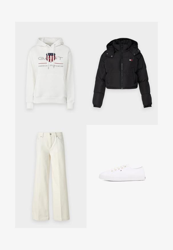 Sort kort pufferjakke med lynlåsfront, hætte og elastiske manchetter. Har et lille logo på brystområdet. Glat, isoleret stof.; Hvid bomulds hættetrøje med en front kangaroo lomme, justerbare snore og et grafisk logo i rød, blå og grå.; Videbenede hvide jeans lavet af en blanding af bomuldsstof. Har en lynlås i fronten, fem lommer og syninger langs sømmene.; Hvid kanvas sneaker med guld øjer, flade snørebånd, tekstureret gummisål og minimal branding på siden. Lavprofil design.