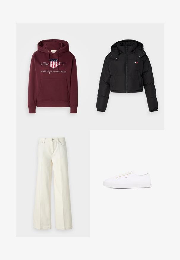 Black cropped puffer jacket with a zip front, hood, and elastic cuffs. Features a small logo on the chest area. Smooth, insulated fabric.; Maroon hoodie made of soft fabric, featuring a front pocket, drawstrings, and a logo with a shield and "1949" text on the chest.; Wide-leg white jeans made from cotton blend fabric. Features a zipper fly, five-pocket design, and stitching along the seams.; White canvas sneaker with gold eyelets, flat laces, textured rubber sole, and minimal branding on the side. Low-profile design.