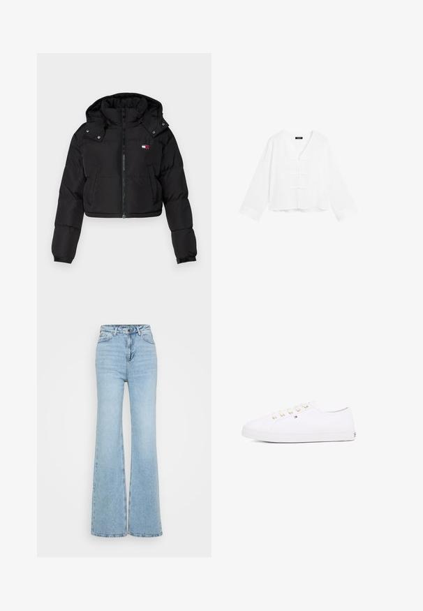 Giubbotto puff corto nero con zip frontale, cappuccio e polsini elasticizzati. Presenta un piccolo logo sulla zona del petto. Tessuto liscio e isolato.; Blusa bianca tagliata con maniche lunghe, scollo a V e chiusure decorative con bottoni sul davanti. Tessuto morbido e vestibilità rilassata.; Jeans flared blu chiaro in denim, con vita alta, design a cinque tasche e orlo grezzo in fondo. La trama è leggermente usurata.; Sneaker bianco in tela con occhielli dorati, lacci piatti, suola in gomma strutturata e branding minimale sul lato. Design a profilo basso.