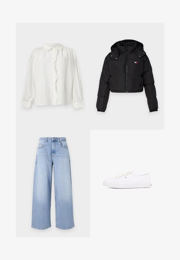 Black cropped puffer jacket with a zip front, hood, and elastic cuffs. Features a small logo on the chest area. Smooth, insulated fabric.; White button-up shirt with a ruffled placket, long sleeves, and a classic collar. Textured fabric with subtle vertical lines.; Light blue wide-leg jeans made of denim. Features a high waist, five pockets, and a button closure. Raw edges at the hem.; White canvas sneaker with gold eyelets, flat laces, textured rubber sole, and minimal branding on the side. Low-profile design.