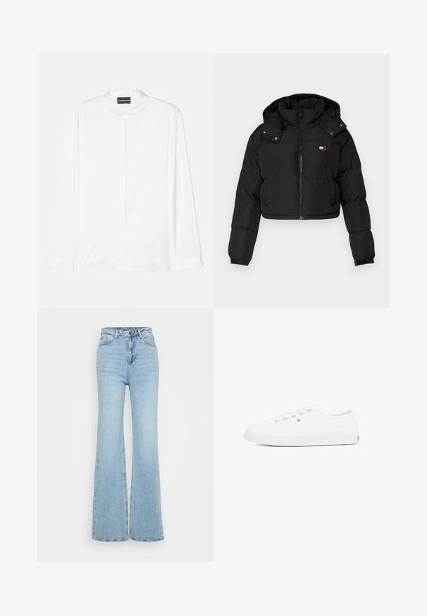 Musta lyhyt toppatakki, jossa on vetoketjukiinnitys, huppu ja elastiset hihansuut. Rinnassa on pieni logo. Sujuva, eristetty kangas.; Valkoinen pitkähihaisena paita, joka on valmistettu sileästä kankaasta. Siinä on klassinen kaulus, nappikiinnitys edessä ja yksinkertaiset hihansuut. Paita edustaa puhdasta ja minimalistista muotoilua.; Vaaleansiniset leveälahkeiset farkut, joissa on korkeaa vyötäröä, viisi taskua ja raaka helma alhaalla. Tekstuuri on hieman kulunut.; Valkoinen kanvaakenkä, jossa on kultaiset nauhakkeet, litteät nauhat, teksturoitu kumipohja ja minimoitu brändäys sivussa. Matala profiilinen muotoilu.