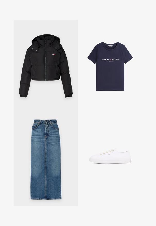 Veste coupe-vent noire courte en duvet avec fermeture éclair sur le devant, capuche et poignets élastiques. Présente un petit logo sur la poitrine. Tissu lisse et isolant.; T-shirt bleu marine à manches courtes avec col rond et texte blanc "Tommy Hilfiger EST. 1985" ainsi que le logo sur le devant.; Jupe en denim, mi-longue, délavée bleu clair, taille haute, design à cinq poches, coupe droite, texture décolorée, avec des accents de couture visibles.; Sneakers en toile blanches avec œillets dorés, lacets plats, semelle en caoutchouc texturée et branding minimal sur le côté. Design bas.