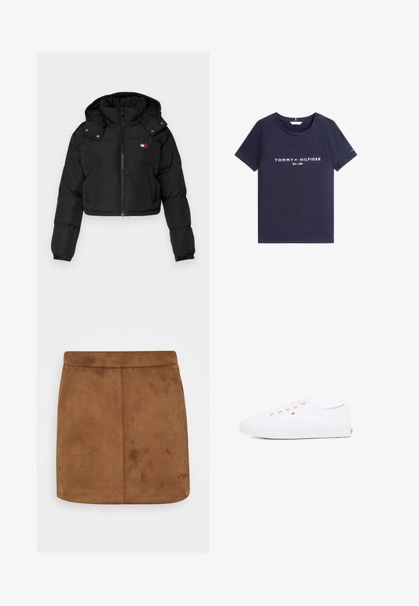 Chaqueta de plumas corta negra con cremallera frontal, capucha y puños elásticos. Presenta un pequeño logotipo en la zona del pecho. Tejido suave e aislante.; Camiseta de manga corta azul marino con cuello redondo y texto y logo blancos "Tommy Hilfiger EST. 1985" en el frente.; Minifalda de ante marrón con una textura suave, corte recto y una cinturilla sin costuras, que presenta un diseño minimalista sin patrones ni adornos.; Zapatillas de lona blancas con ojales dorados, cordones planos, suela de goma texturizada y un branding mínimo en el lateral. Diseño de perfil bajo.