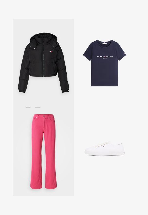 Chaqueta de plumas corta negra con cremallera frontal, capucha y puños elásticos. Presenta un pequeño logotipo en la zona del pecho. Tejido suave e aislante.; Camiseta de manga corta azul marino con cuello redondo y texto y logo blancos "Tommy Hilfiger EST. 1985" en el frente.; Pantalones de pierna ancha rosa, confeccionados en algodón, con un botón frontal, cremallera y diseño clásico de cinco bolsillos. Textura suave y corte regular.; Zapatillas de lona blancas con ojales dorados, cordones planos, suela de goma texturizada y un branding mínimo en el lateral. Diseño de perfil bajo.