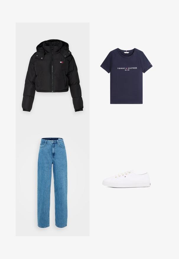 Svart kort puffjakke med glidelåsfront, hette og elastiske mansjetter. Har en liten logo på brystområdet. Glatt, isolert stoff.; Marineblå T-skjorte med korte ermer, rund hals og hvit "Tommy Hilfiger EST. 1985"-tekst og logo på forsiden.; Lyseblå denimjeans med høy midje, vidde i bena, fem lommer og knappelukking. Myk tekstur med lett falming.; Hvit lerrets sneakers med gullinnfellinger, flate lisser, teksturert gummisåle og minimal merkevarebygging på siden. Lavprofil design.