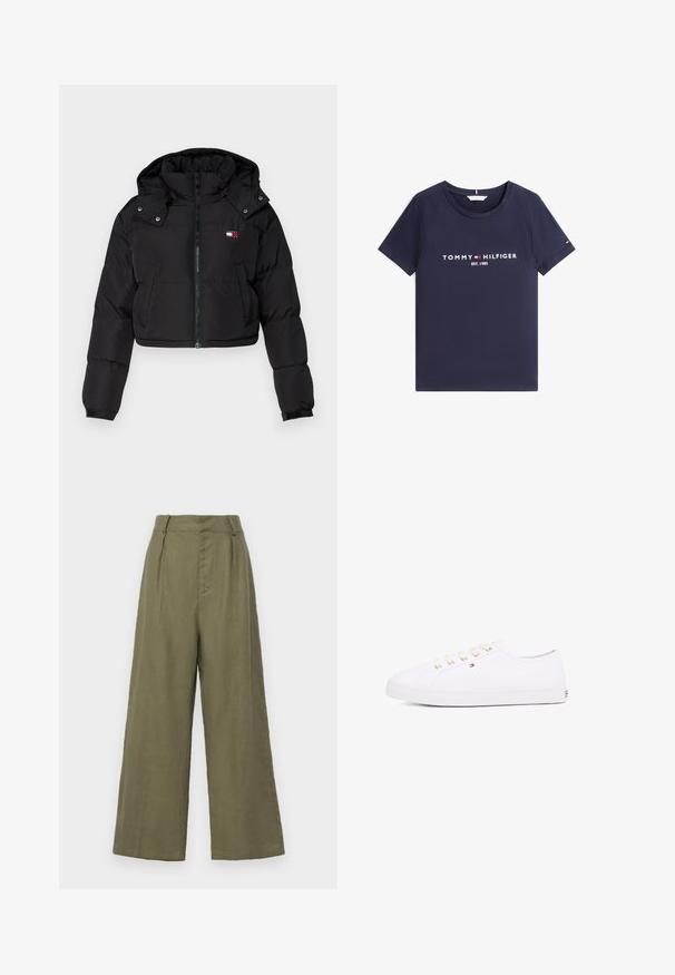 Black cropped puffer jacket with a zip front, hood, and elastic cuffs. Features a small logo on the chest area. Smooth, insulated fabric.; Navy blue short-sleeve T-shirt with round neck and white "Tommy Hilfiger EST. 1985" text and logo on front.; Faithfull the brand IDA - Trousers - khaki; White canvas sneaker with gold eyelets, flat laces, textured rubber sole, and minimal branding on the side. Low-profile design.