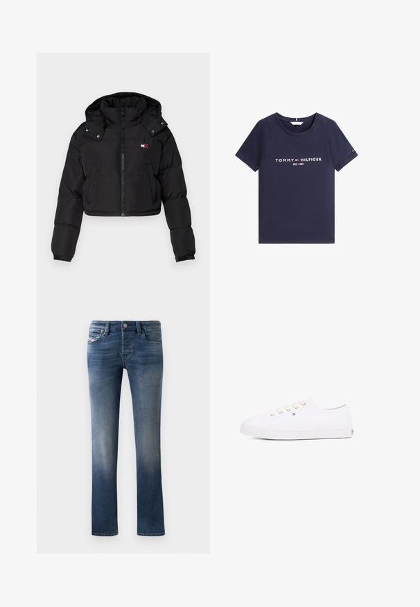 Svart kort puffjakke med glidelåsfront, hette og elastiske mansjetter. Har en liten logo på brystområdet. Glatt, isolert stoff.; Marineblå T-skjorte med korte ermer, rund hals og hvit "Tommy Hilfiger EST. 1985"-tekst og logo på forsiden.; Mørkeblå denim jeans med rette ben, med let falming på lårene og klassisk femlomme-design.; Hvit lerrets sneakers med gullinnfellinger, flate lisser, teksturert gummisåle og minimal merkevarebygging på siden. Lavprofil design.