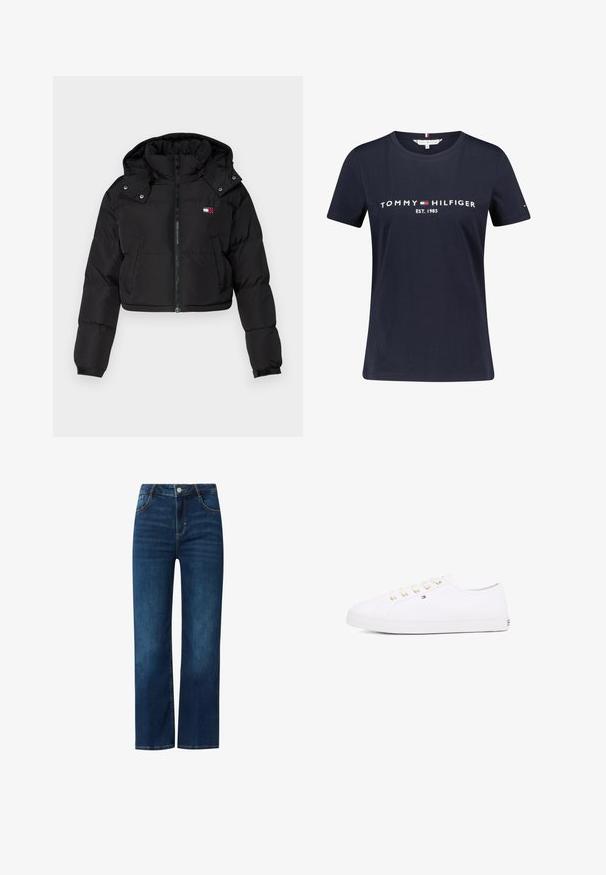Black cropped puffer jacket with a zip front, hood, and elastic cuffs. Features a small logo on the chest area. Smooth, insulated fabric.; Navy blue cotton t-shirt with short sleeves, featuring white "TOMMY HILFIGER EST. 1985" text. Includes small logo accent on the sleeve.; Blue denim jeans with a straight-leg design, featuring a front fly, five pockets, and contrasting stitching. Smooth texture, medium wash.; White canvas sneaker with gold eyelets, flat laces, textured rubber sole, and minimal branding on the side. Low-profile design.