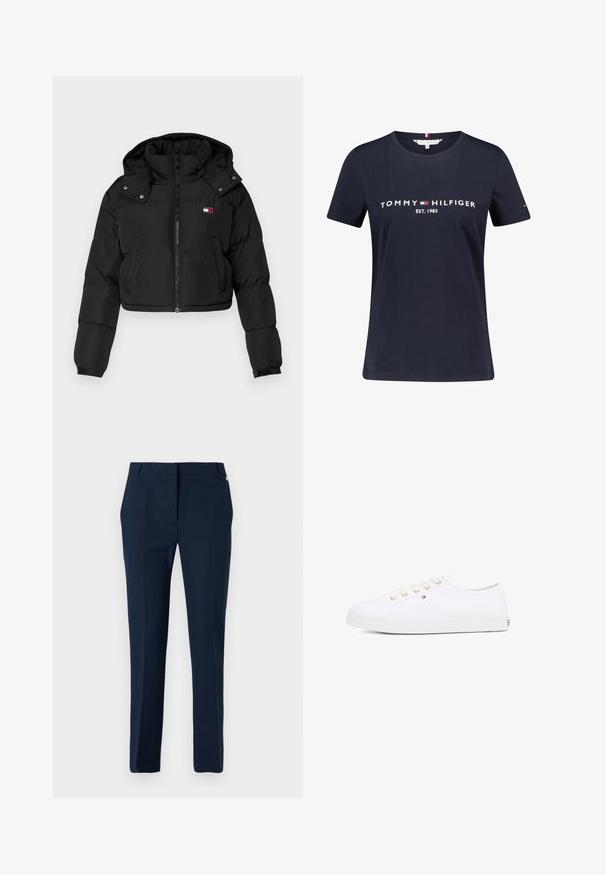 Veste coupe-vent noire courte en duvet avec fermeture éclair sur le devant, capuche et poignets élastiques. Présente un petit logo sur la poitrine. Tissu lisse et isolant.; T-shirt en coton bleu marine à manches courtes, avec le texte blanc "TOMMY HILFIGER EST. 1985". Comprend un petit logo sur la manche.; Pantalons navy en tissu lisse, avec une taille plate, passants de ceinture et un détail subtil sur le côté près de la taille. Coupe ajustée.; Sneakers en toile blanches avec œillets dorés, lacets plats, semelle en caoutchouc texturée et branding minimal sur le côté. Design bas.