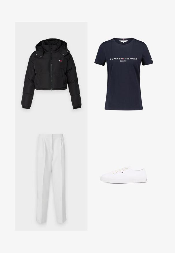 Čierna skrátená prešívaná bunda so zipsom vpredu, kapucňou a elastickými manžetami. Obsahuje malé logo na oblasti hrude. Hladká, zateplená látka.; Námornícky modré bavlnené tričko s krátkymi rukávmi, s bielym nápisom "TOMMY HILFIGER EST. 1985". Obsahuje malé logo na rukáve.; Biele elegantné nohavice so strihom rovného strihu, s prednými záhybmi, dvoma bočnými vreckami a čistým pásom pre dokončený vzhľad.; Biele plátkové tenisky so zlatými očkami, plochými šnúrkami, textúrovanou gumovou podrážkou a minimálnym brandingom na strane. Nízky profil.