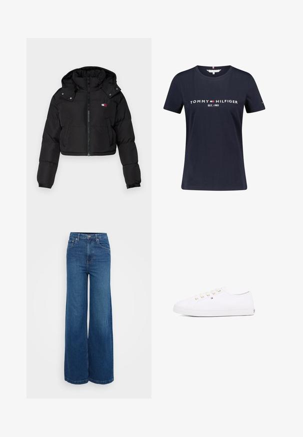 Chaqueta de plumas corta negra con cremallera frontal, capucha y puños elásticos. Presenta un pequeño logotipo en la zona del pecho. Tejido suave e aislante.; Camiseta de algodón azul marino de manga corta, con el texto blanco "TOMMY HILFIGER EST. 1985". Incluye un pequeño acento de logo en la manga.; Jeans de pierna ancha en denim azul oscuro. De cintura alta con una textura suave, cuentan con bolsillos frontales y un cierre de cremallera con botón.; Zapatillas de lona blancas con ojales dorados, cordones planos, suela de goma texturizada y un branding mínimo en el lateral. Diseño de perfil bajo.