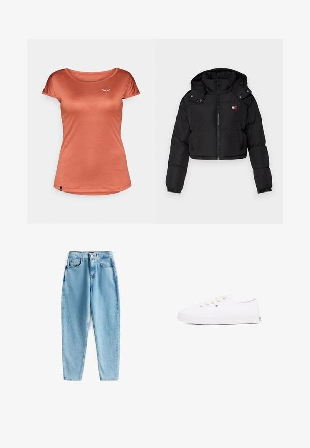 Musta lyhyt toppatakki, jossa on vetoketjukiinnitys, huppu ja elastiset hihansuut. Rinnassa on pieni logo. Sujuva, eristetty kangas.; T-paita rustinvärinen, lyhyet hihat, pyöreä kaula-aukko, kevyttä kangasta, vasemmassa rinnassa pieni valkoinen logo, sileä pinta.; Vaaleansiniset korkeavyötäröiset farkut, jotka on valmistettu denimi-kankaasta ja joissa on hieman haalistunut pinta. Niissä on viisi taskua ja napillinen vyötärön sulkemiseen.; Valkoinen kanvaakenkä, jossa on kultaiset nauhakkeet, litteät nauhat, teksturoitu kumipohja ja minimoitu brändäys sivussa. Matala profiilinen muotoilu.