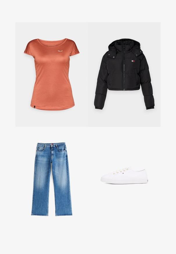 Jachetă puffer cropped neagră cu fermoar frontal, glugă și manșete elastice. Prezentă un mic logo pe zona pieptului. Țesătură netedă, izolată.; Tricou de culoare ruginie, cu mâneci scurte, decolteu rotund, material ușor, are un logo alb mic pe partea stângă a pieptului, textură netedă.; Blugi din denim albastru deschis, cu un design cu picioare late, având o spălare medie, cinci buzunare și un tiv drept. Fără branding sau modele vizibile.; Adidași albi din pânză cu oeți aurii, șireturi plate, talpă din cauciuc texturată și branding minim pe lateral. Design cu profil jos.