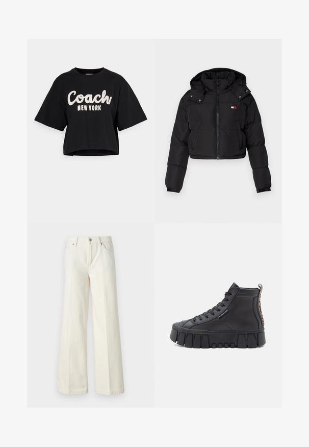 Juodas trumpas pūkinis švarkas su užtrauktuku priekyje, kapuce ir elastingomis rankogaliais. Puošia nedidelis logotipas krūtinės srityje. Lygi, šiltinimo medžiaga.; Juodas trumpas rankovėmis medvilninis marškinėlis, ant kurio priekio didelis baltas užrašas "Coach New York". Sklandus paviršius.; Platūs balti džinsai, pagaminti iš medvilnės mišinio. Yra užtrauktukas, penkių kišenių dizainas ir siūlės išsiuvinėjimas.; Juodi aukšti sportbačiai, pagaminti iš odos, su masyviu guminiu padais ir leopardų rašto akcentais gale, taip pat su akių raištelių dizainu.