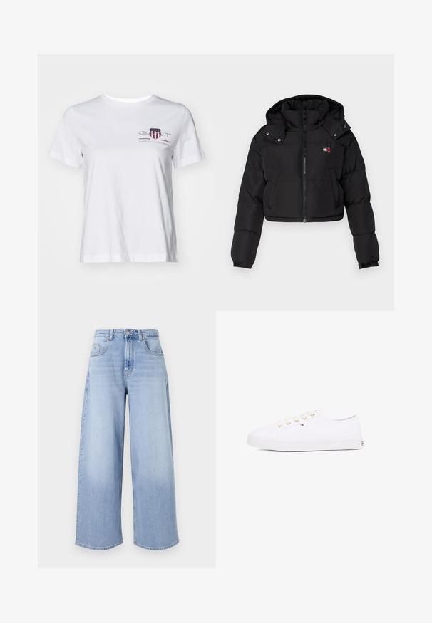 Giubbotto puff corto nero con zip frontale, cappuccio e polsini elasticizzati. Presenta un piccolo logo sulla zona del petto. Tessuto liscio e isolato.; T-shirt bianco in cotone con maniche corte, colletto rotondo e un logo ricamato rosso e blu sul lato sinistro. Tessuto liscio, vestibilità morbida.; Jeans a gamba larga blu chiaro in denim. Presentano una vita alta, cinque tasche e una chiusura a bottone. Orli grezzi.; Sneaker bianco in tela con occhielli dorati, lacci piatti, suola in gomma strutturata e branding minimale sul lato. Design a profilo basso.