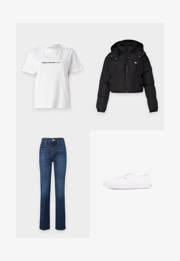 Sort kort pufferjakke med lynlåsfront, hætte og elastiske manchetter. Har et lille logo på brystområdet. Glat, isoleret stof.; Hvid bomulds T-shirt med præget tekst "SORRY BUT I'M NOT SORRY" i sort og rød, korte ærmer og rund halsudskæring.; Mørkeblå lige ben denim jeans med en mellem høj talje, knaplukning og for- samt baglommer.; Hvid kanvas sneaker med guld øjer, flade snørebånd, tekstureret gummisål og minimal branding på siden. Lavprofil design.