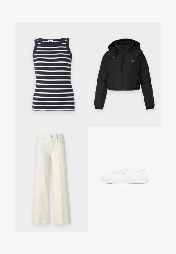 Musta lyhyt toppatakki, jossa on vetoketjukiinnitys, huppu ja elastiset hihansuut. Rinnassa on pieni logo. Sujuva, eristetty kangas.; Navyja ja valget triibulise mustriga triiksärgid, mis on valmistatud ribakangast, millel on ümmargune kaelus ja ilma varrukateta disain.; Valkoiset leveät farkut, jotka on valmistettu puuvillasekoitteesta. Ominaisuuksina vetoketjuluukku, viisi taskua ja ompeleet saumoissa.; Valkoinen kanvaakenkä, jossa on kultaiset nauhakkeet, litteät nauhat, teksturoitu kumipohja ja minimoitu brändäys sivussa. Matala profiilinen muotoilu.