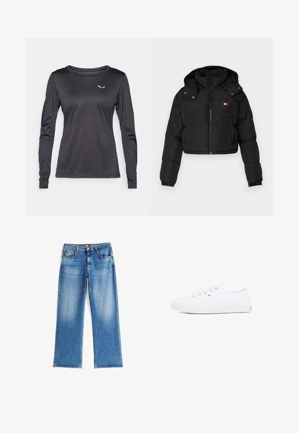 Czarna krótka kurtka puchowa z zamkiem z przodu, kapturem i elastycznymi mankietami. Posiada małe logo na klatce piersiowej. Gładki, ocieplany materiał.; Koszulka sportowa z długim rękawem wykonana z lekkiego, strukturalnego materiału w ciemnoszarym kolorze, z małym białym logo na lewej kieszeni.; Jasnoniebieskie dżinsy z szerokimi nogawkami, w średnim wybarwieniu, z pięcioma kieszeniami i prostym wykończeniem dołu. Brak widocznych znaków firmowych lub wzorów.; Białe płócienne sneakersy z złotymi oczkami, płaskimi sznurowadłami, teksturowaną gumową podeszwą i minimalnym logo po bokach. Niska sylwetka.