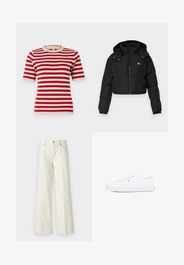 Schwarze, cropped Pufferjacke mit Reißverschluss vorne, Kapuze und elastischen Bündchen. Besitzt ein kleines Logo im Brustbereich. Glattes, isoliertes Material.; Rot- und cremefarbener gestreifter Kurzarm-Pullover mit rundem Ausschnitt und gerippter Textur. Gleichmäßig verteilte Streifen über den Stoff.; Weite weiße Jeans aus einem Baumwollmischgewebe. Verfügt über einen Reißverschluss, ein Fünf-Taschen-Design und Nähte entlang der Säume.; Weißes Leinensneaker mit goldenen Ösen, flachen Schnürsenkeln, strukturiertem Gummisohle und minimalem Branding an der Seite. Niedriges Profil.