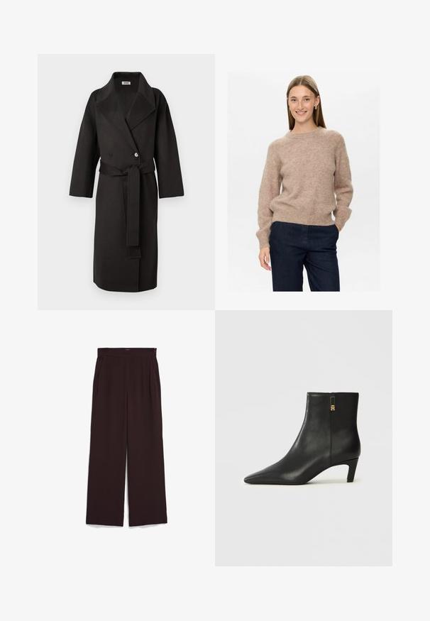 Zwarte jas van een textuurstof, met een dubbelzijdige voorkant, brede kraag en een bijpassende riem in de taille.; Beige wollen trui met een zachte textuur, ronde halslijn en lange mouwen. Gepaard met donkerblauwe broek. Eenvoudig ontwerp, casual pasvorm.; Wijde broekspijpen van donkerbruin stof, met een hoge tailleband en zijzakken. Glad textuur met een nette afwerking.; Zwarte leren enkelboot met een spitse neus en een kleine hak. Voorzien van een zijrits met een gouden hardwareaccent. Soepele textuur.