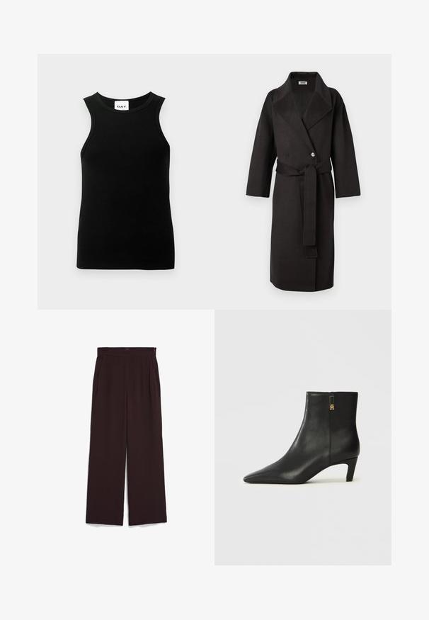 Schwarzer Mantel aus einem strukturierten Stoff, mit einer zweireihigen Front, weitem Kragen und einem passenden Gürtel in der Taille.; Schwarzes ärmelloses Oberteil mit geripptem Muster, runden Ausschnitt und taillierter Form. Das Etikett zeigt das "DAY"-Logo.; Weite Hose aus dunkelbraunem Stoff mit hohem Bund und seitlichen Taschen. Glatte Textur mit sauberem Finish.; Schwarze Leder-Stiefelette mit spitzem Zehenbereich und kleinem Absatz. Verfügt über einen seitlichen Reißverschluss mit goldenen Hardware-Akzenten. Glatte Textur.