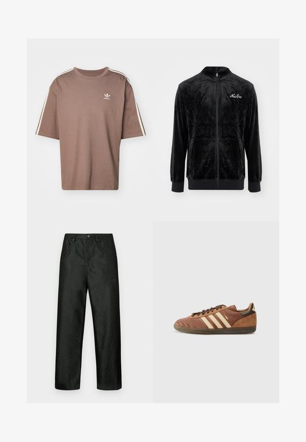 Juodas aksominis užtrauktuko džemperis su aukštu apykakle, grotelėmis kaklaskare ir liemeniu. Kairėje krūtinės pusėje yra baltas "New Era" logotipas. Minkšta tekstūra.; Ruda medvilnė marškinėliai su trumpomis rankovėmis, apvaliu iškirpimu ir baltais dryžiais ant pečių; krūtinėje yra Adidas logotipas.; Juodos kelnės su švelniu blizgesiu, tiesaus silueto, su dviem priekinėmis kišenėmis ir diskretišku logotipu viršutiniame kairiajame krašte.; adidas Originals SAMBA UNISEX - Sportbačiai - preloved brown/sand strata/dark brown
