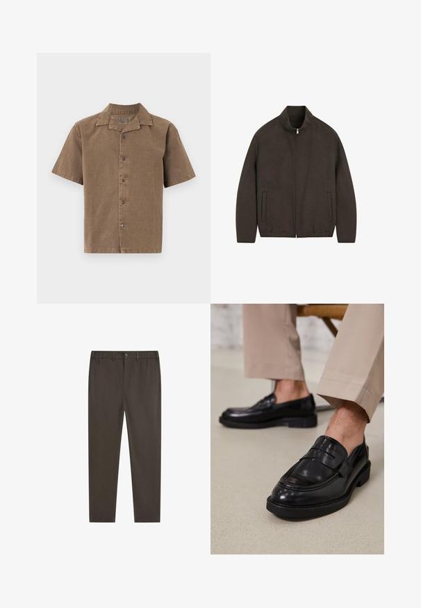 Brown jacket with a high collar, zip closure, and two side pockets. Features a smooth texture and a minimalistic design.; Short-sleeve shirt in brown corduroy, featuring a collar, front buttons, and a relaxed fit. Smooth texture with subtle sheen.; Dark brown trousers with a straight leg design, elastic waistband, front button closure, and side pockets. Smooth fabric texture.; Black leather loafers with a smooth finish, featuring a decorative strap and contrast stitching, paired with beige trousers.