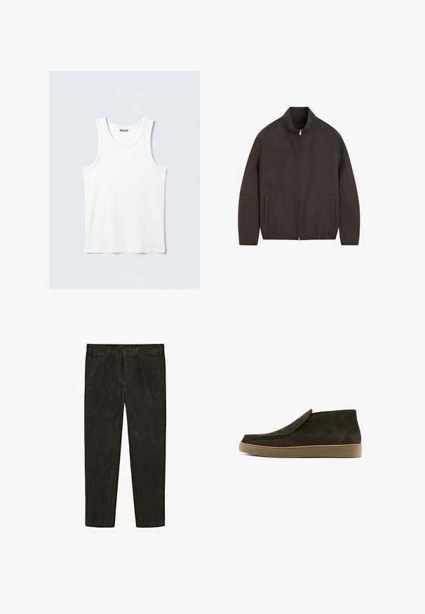 Brown jacket with a high collar, zip closure, and two side pockets. Features a smooth texture and a minimalistic design.; White tank top with a round neckline and wide straps. Made of a smooth, lightweight fabric, featuring a minimalist design without patterns.; Dark green corduroy trousers with a tailored fit, two side pockets, and a front button closure. Soft texture and straight leg design.; Brown suede slip-on shoes with a smooth finish, rounded toe, and a light brown rubber sole. Upper features a simple, clean design.