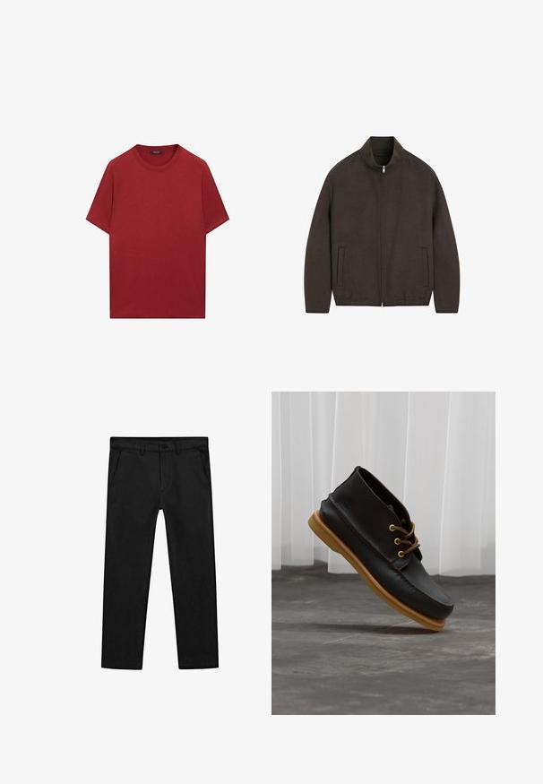 Braune Jacke mit hohem Kragen, Reißverschluss und zwei Seitentaschen. Verfügt über eine glatte Textur und ein minimalistisches Design.; Rotes Baumwoll-T-Shirt mit kurzen Ärmeln, rundem Hals und glatter Textur. Einfaches Design ohne sichtbare Muster oder Akzente.; Schwarze Baumwollhose mit geradem Bein, Vorderentaschen sowie klassischem Knopfverschluss und Reißverschluss. Glatte Textur, maßgeschneiderte Passform.; Schwarze Lederschuhe mit glatter Oberfläche, runder Zehenform, braunen Schnürsenkeln und hellbraunen Gummisohlen. Logo an der Seite geprägt.