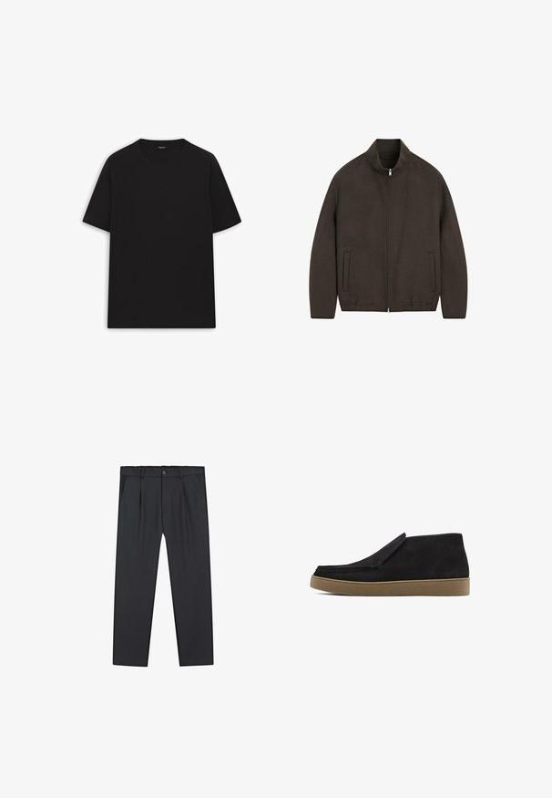Brun jacka med hög krage, dragkedja och två sidofickor. Har en slät textur och en minimalistisk design.; Svart bomullst-shirt med korta ärmar, rundad halsringning och en slät yta. Inga synliga mönster eller hårdvarudetaljer.; Svarta byxor med raka ben i lätt tyg, med knappstängning, veckad fram och sidofickor. Slät textur över hela ytan.; Svart mockaskor med en slip-on-design, rund tå och en tan-gummisula. Har diskret sömnad och en texturerad ovansida.
